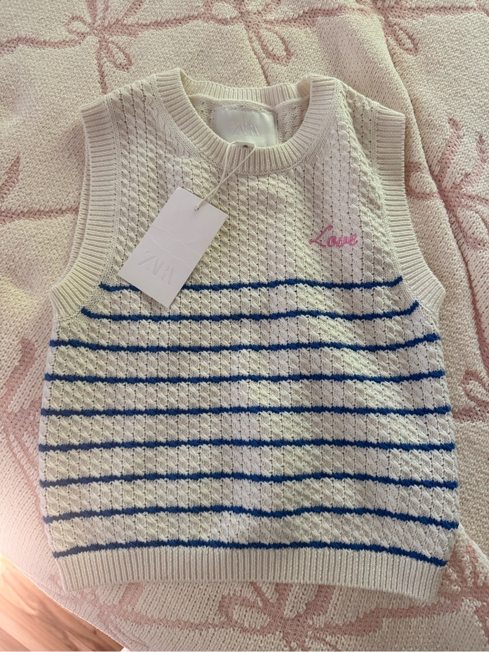 Zara Cream Knit Sleeveless Sweater Vest with Blue Stripes